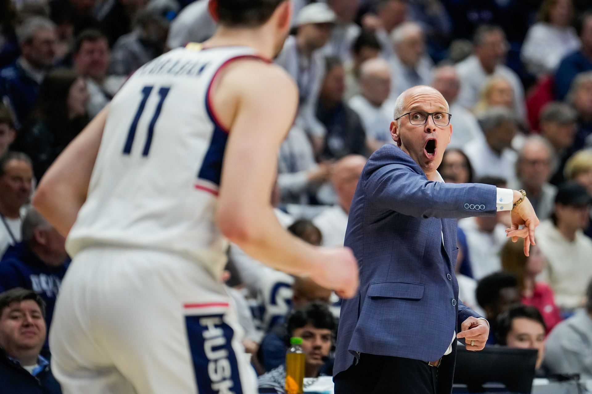 UConn Huskies head coach Dan Hurley leads his team against the Creighton Bluejays during the first half of their NCAA basketball game at the Harry A. Gampel Pavilion on January 18, 2025. Photo: Getty