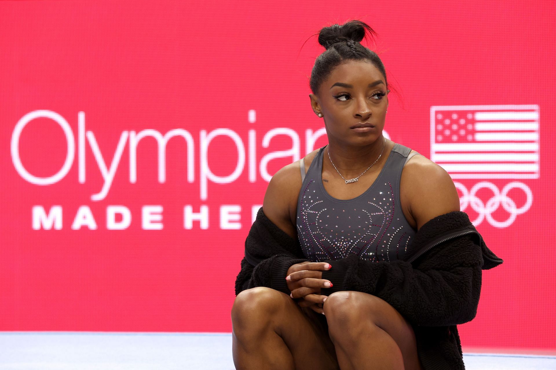 Simone Biles looks at the 2024 U.S. Olympic Team Gymnastics Trials at Target Center in Minneapolis, Minnesota. (Photo by Getty Images)