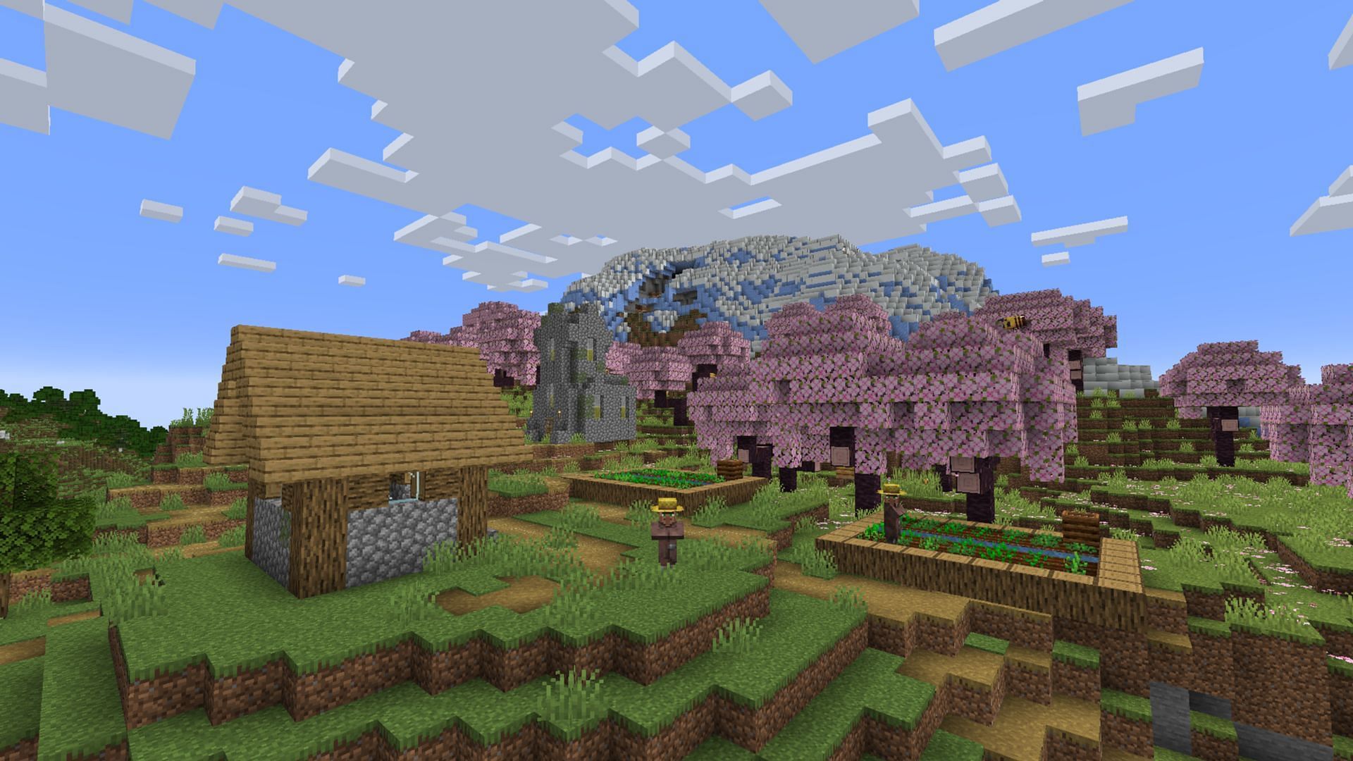 The picturesque setting makes this one of the best Minecraft cherry blossom village seeds (Image via Mojang Studios)