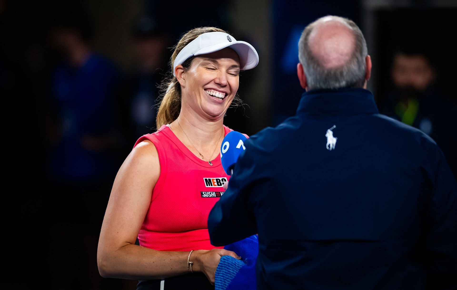 Danielle Collins during her post-match, on-court interview after winning her second-round match at the 2025 Australian Open (Source: Getty)