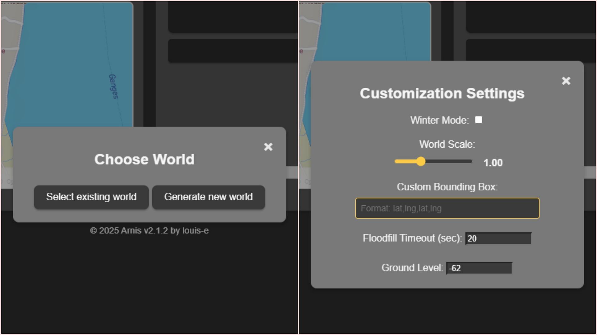 Configure the setting before generating the location in Minecraft (Image via Arnis)