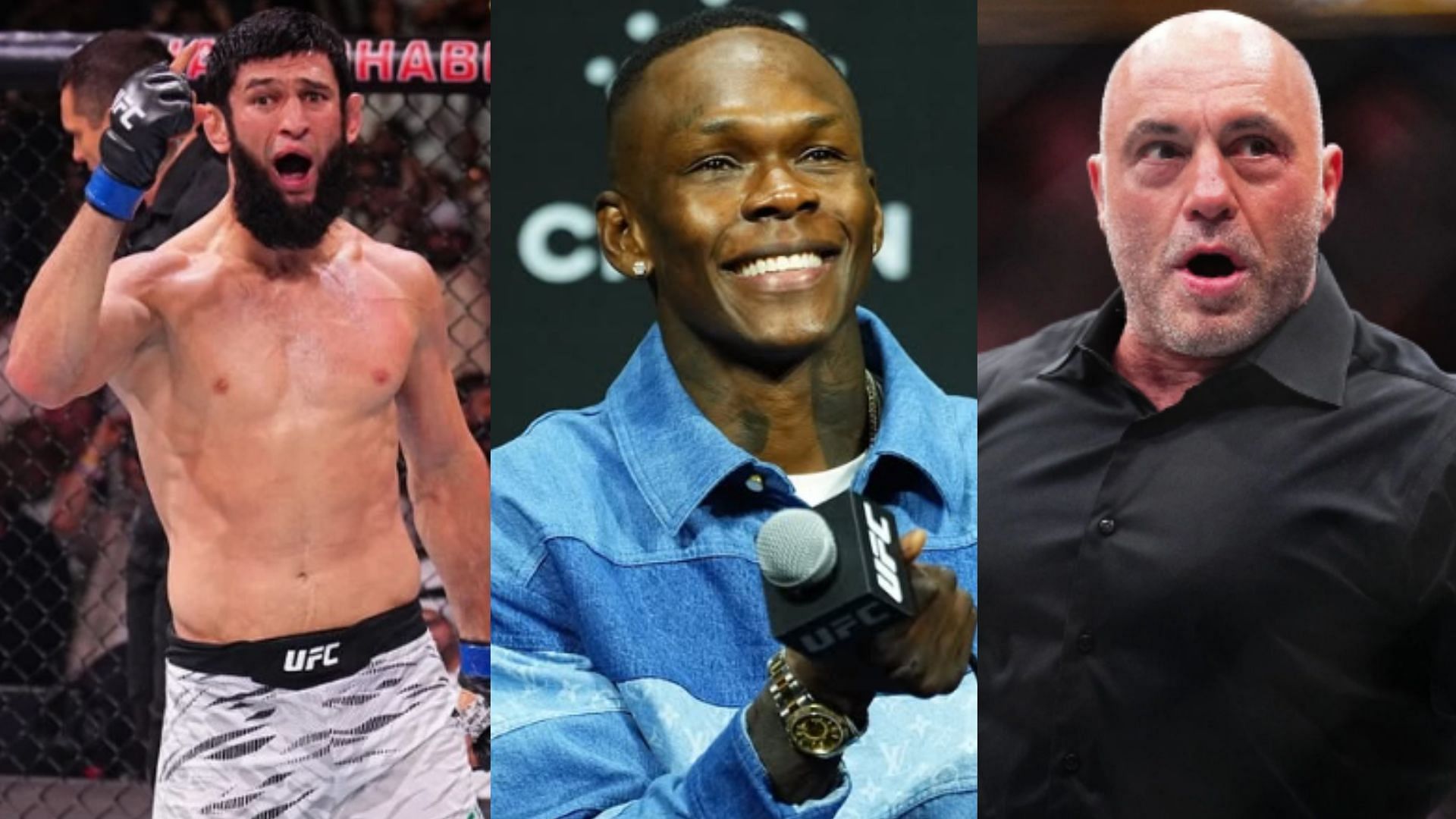 Khamzat Chimaev (left), Israel Adesanya (center), Joe Rogan (right) [Images courtesy of @khamzat_chimaev, @stylebender on Instagram and Getty Images]