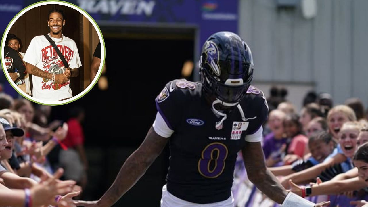 Ja Morant predicts Baltimore Ravens quarterback Lamar Jackson to win his second straight MVP after losing 27-25 to the Buffalo Bills on Sunday. [photo: @jamorant/IG, @new_era8/IG]