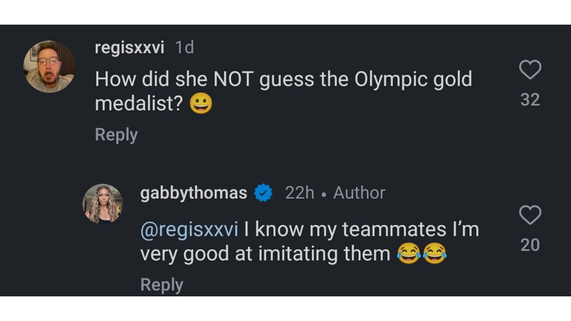 Screenshot of Gabby Thomas&#039; reply to an user (Image via: Thomas Instagram)