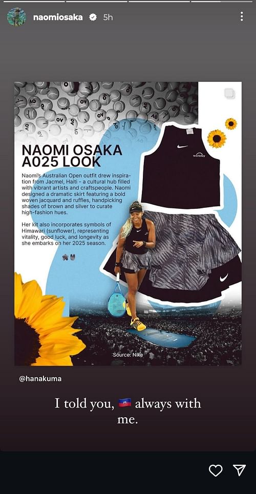 Screengrab of Naomi Osaka's Instagram story (@naomiosaka)