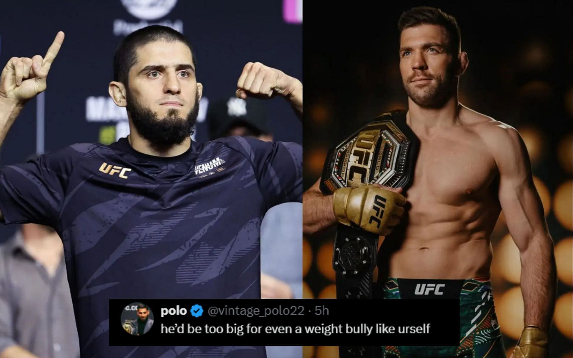 Islam Makhachev sheds light on potential Dricus du Plessis clash. [Images courtesy: @islam_makhachev and @dricusduplessis on Instagram]