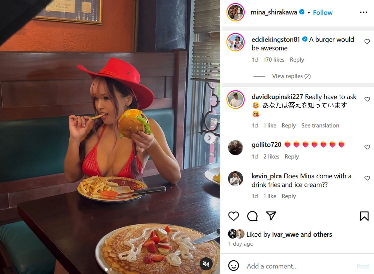 Screenshot of Eddie Kingston&#039;s comment on Mira Shirakawa&#039;s Instagram post (Photo Credit: Mina Shirakawa on Instagram)