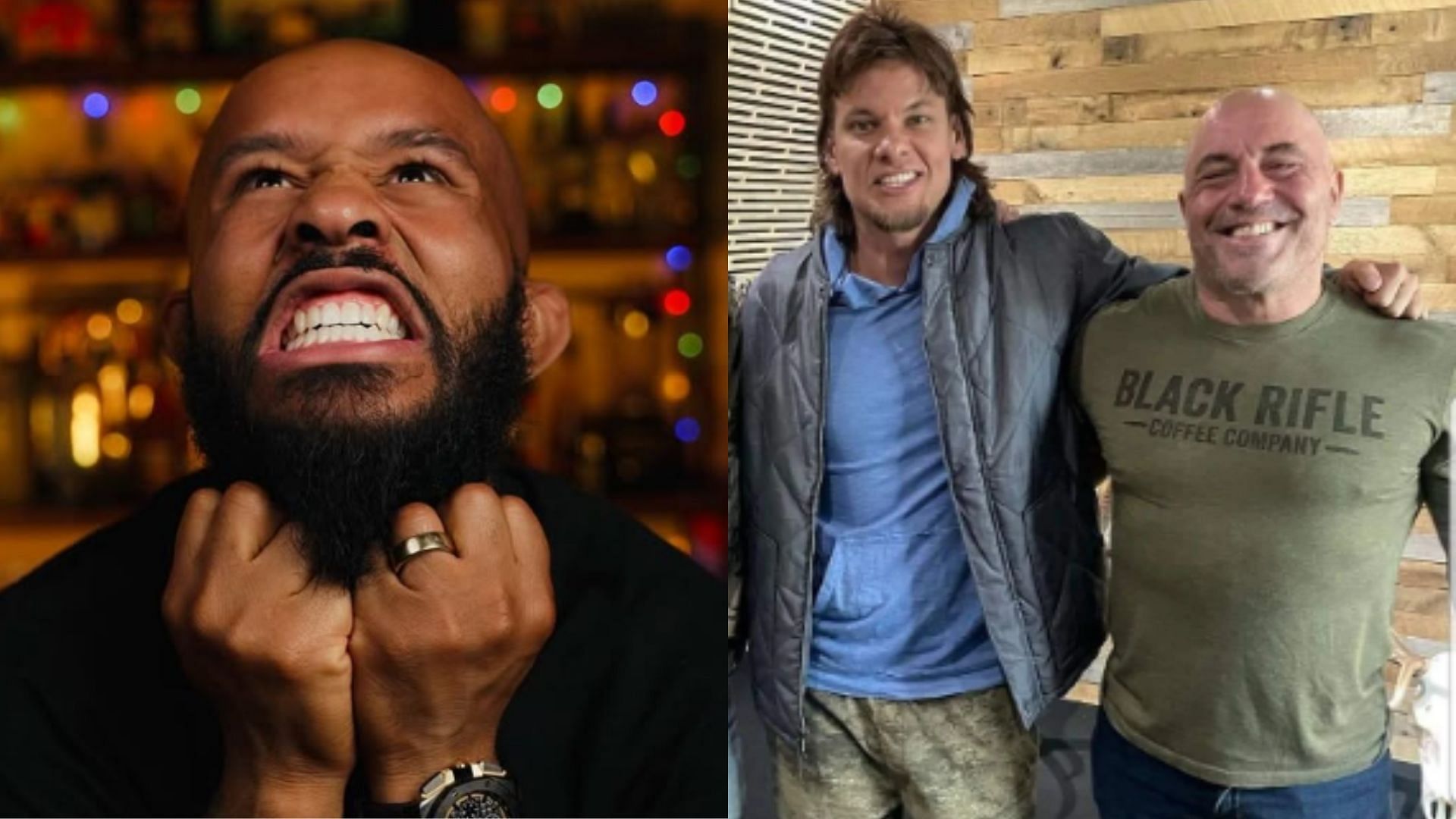 Demetrious Johnson (left), Theo Von &amp; Joe Rogan (right) [Images courtesy of @mighty &amp; @theovon on Instagram[