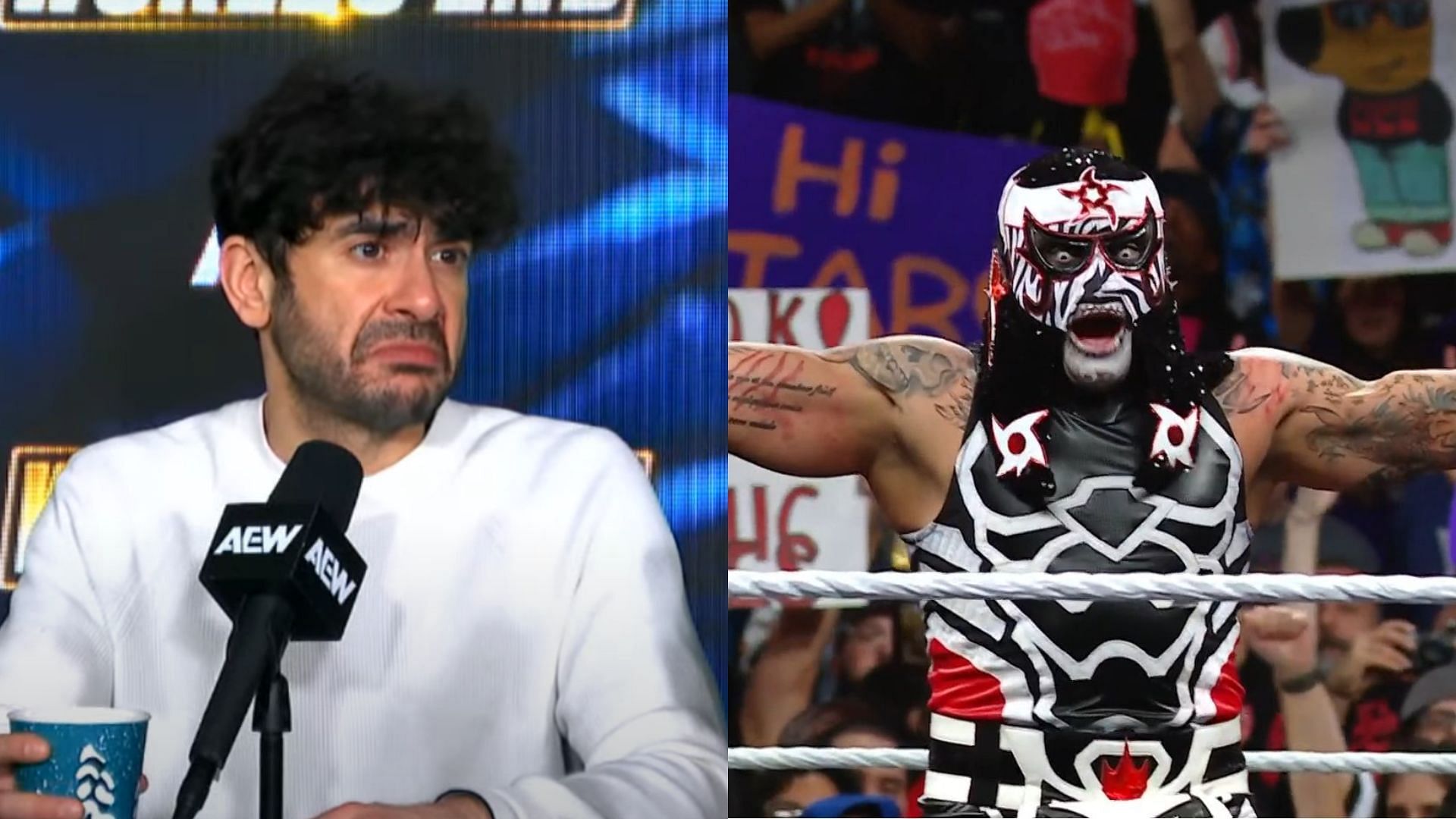 Tony Khan (left) and Penta (right). (Image credits: AEW YouTube channel &amp; WWE Twitter page)