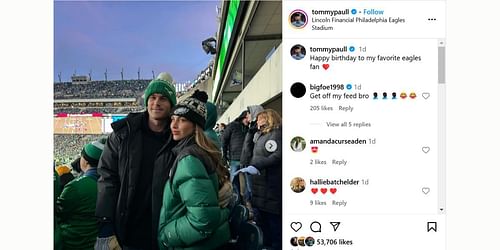 Frances Tiafoe's comment on Tommy Paul's post | Instagram @tommypaull)