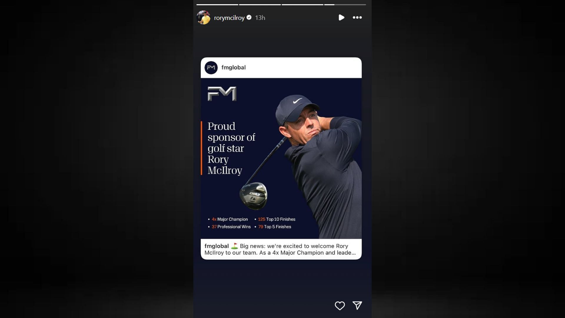 Screengrab of Rory McIlroy&#039;s Instagram story (@rorymcilroy)