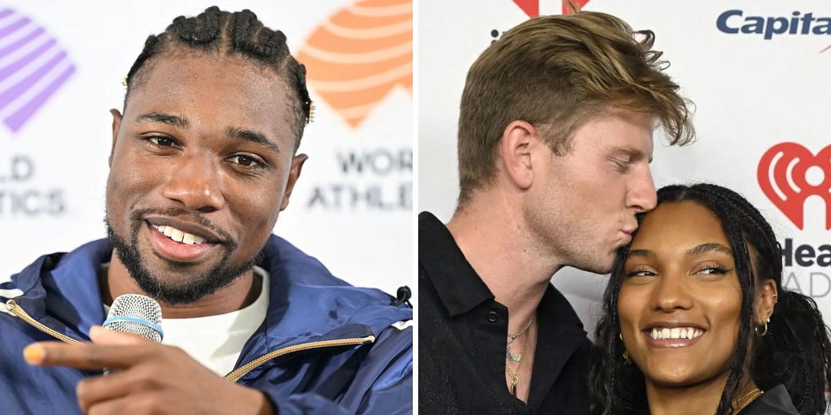 Noah Lyles [R] admires Hunter Woodhall [L] and Tara Davis-Woodhall [R]. PHOTO - All from Getty