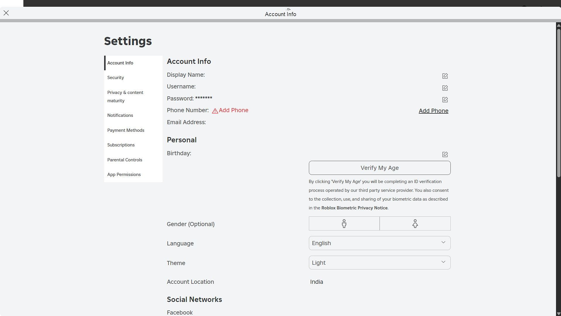 Account Info screen (Image via Roblox)