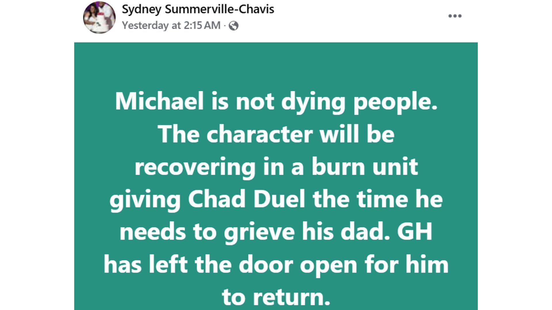 A fan post about Michael&#039;s exit from the soap (Image via Facebook/@General Hospital Fans-Official)