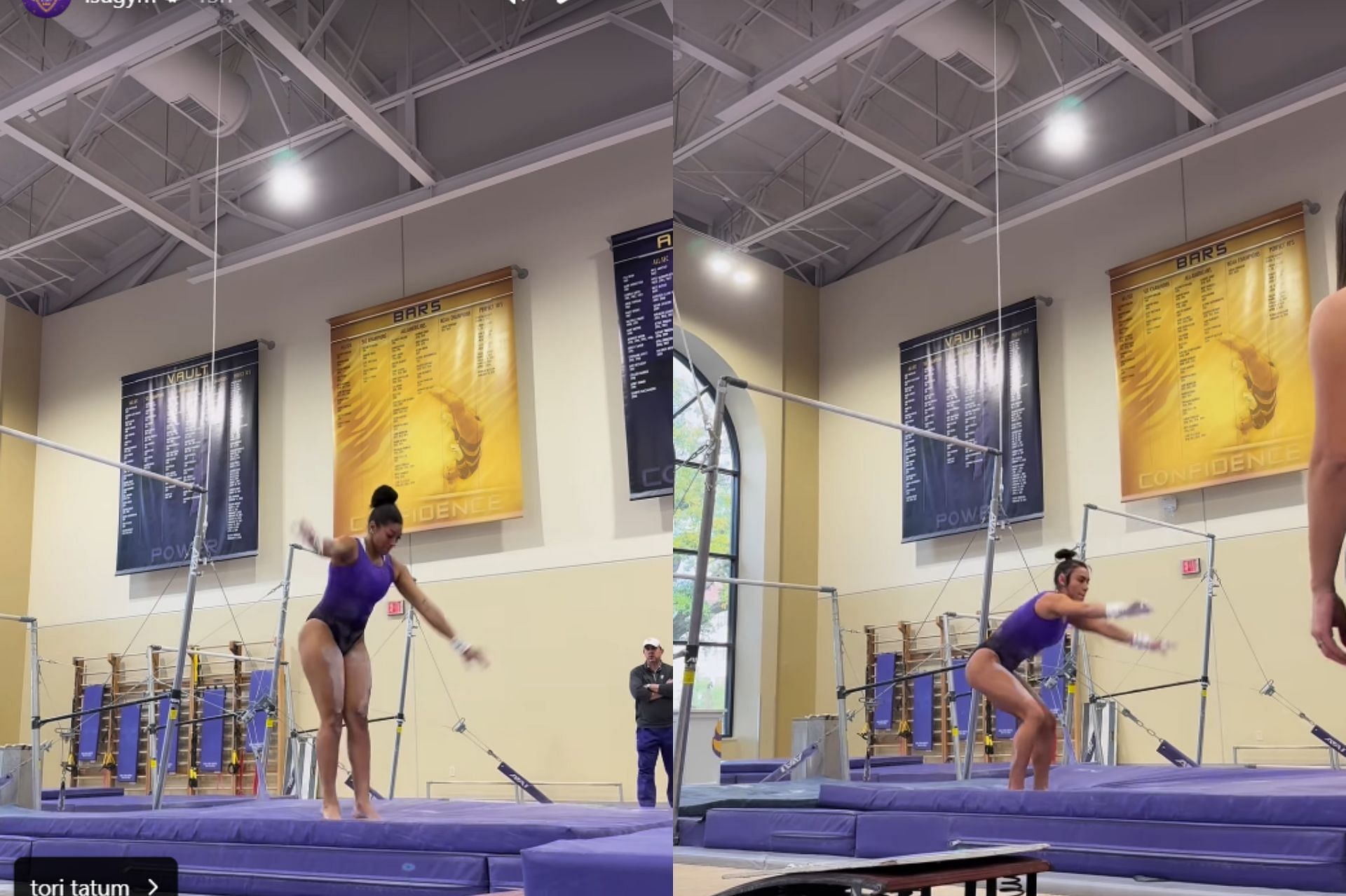 Alexis Jeffery and Tori Tatum during practice (via LSU Gymnastics Instagram handle)