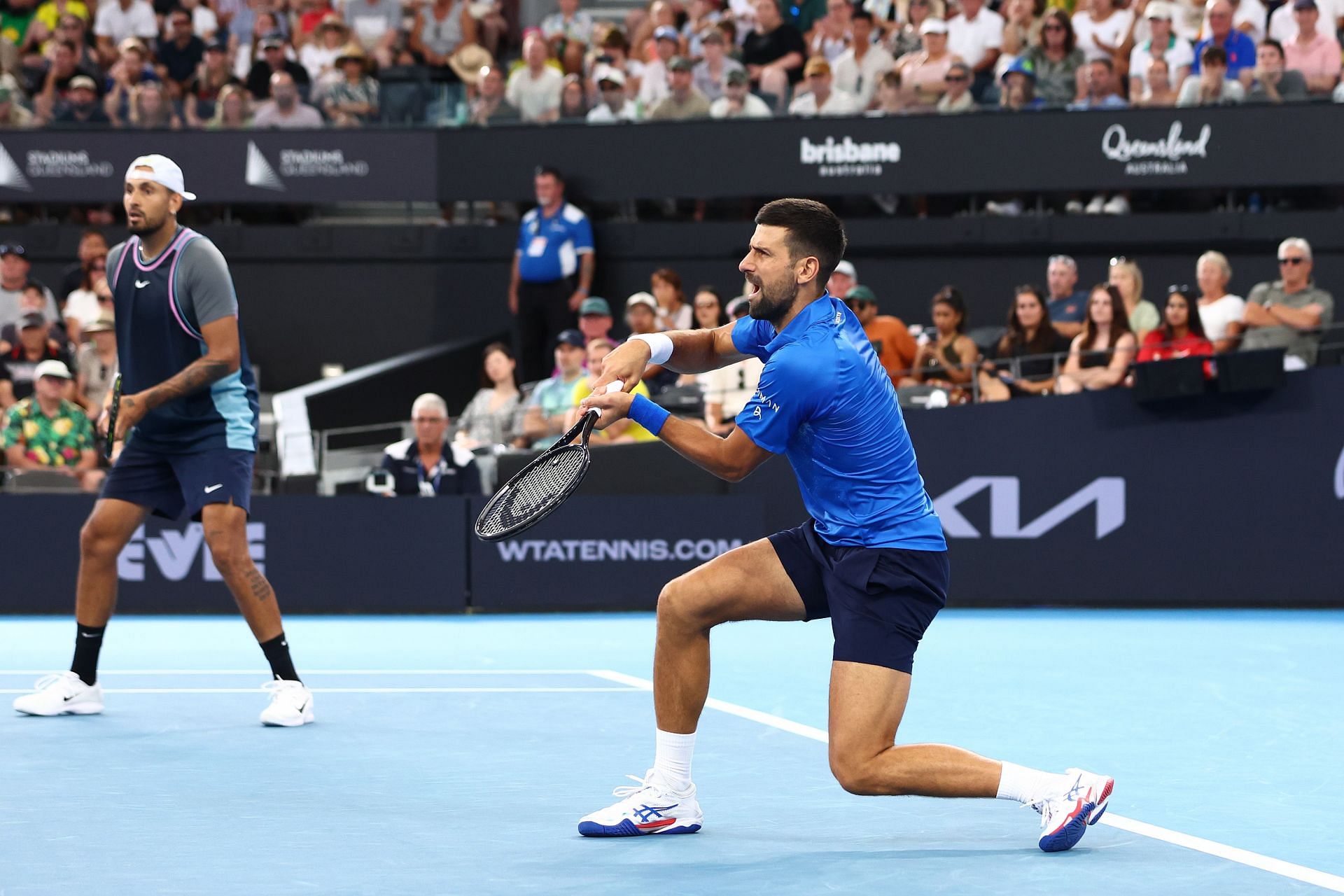 Nick Kyrgios (L) and Novak Djokovic teamed up for the men&#039;s doubles at the Brisbane International. Source: Getty