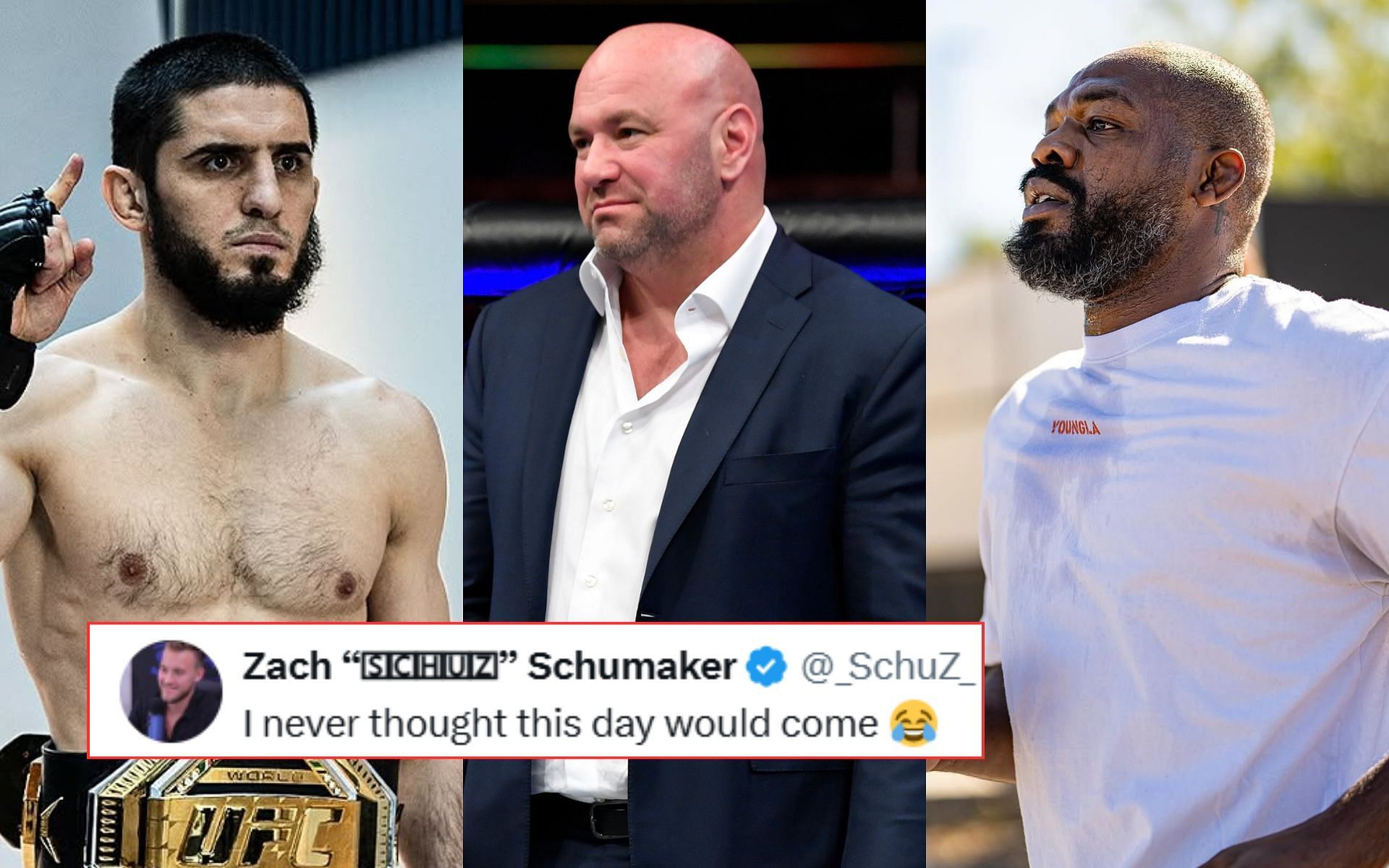 Islam Makhachev (left) finally makes Dana White (middle) snub Jon Jones (right) as P4P king. [Images courtesy: @ufcindia and @jonnybones on Instagram and Getty Images]