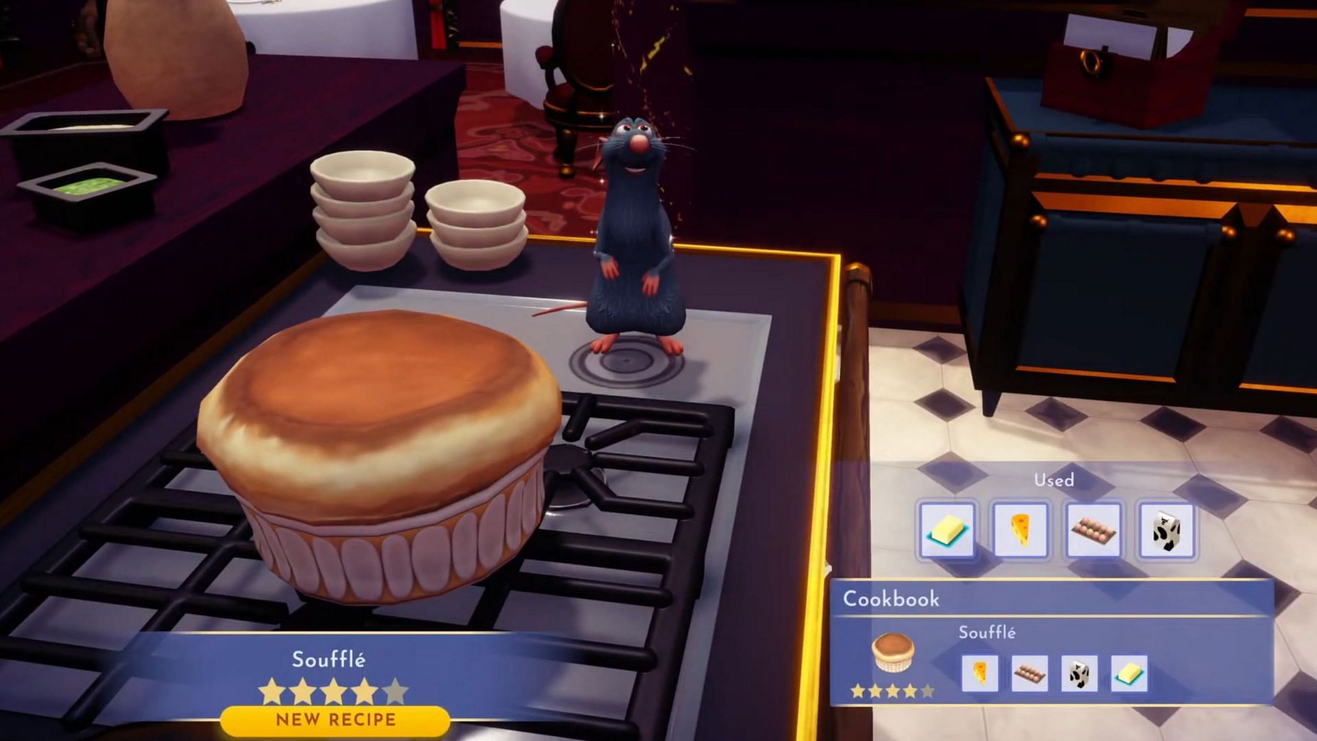 Souffle is a four-star dish in the game (Image via Gameloft || YouTube/@Greymane Gaming)