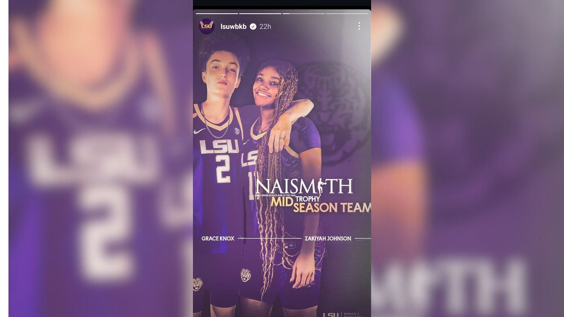 LSU commits Grace Knoxx and ZaKiyah Johnson named in prestigious high school POY midseason team. (Image via instagram @lsuwbkb)