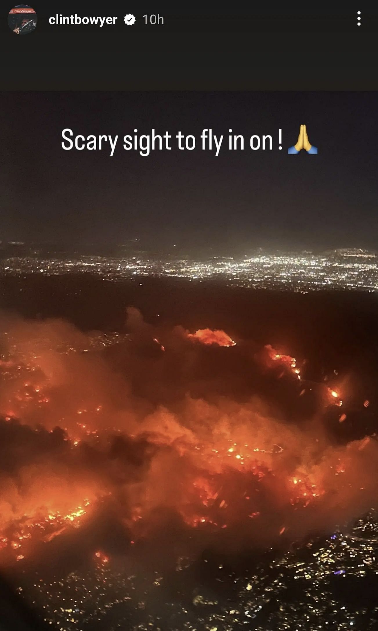 Clint Bowyer&#039;s story showcasing an aerial view of the Los Angeles wildfires - Source: via @clintbowyer on Instagram