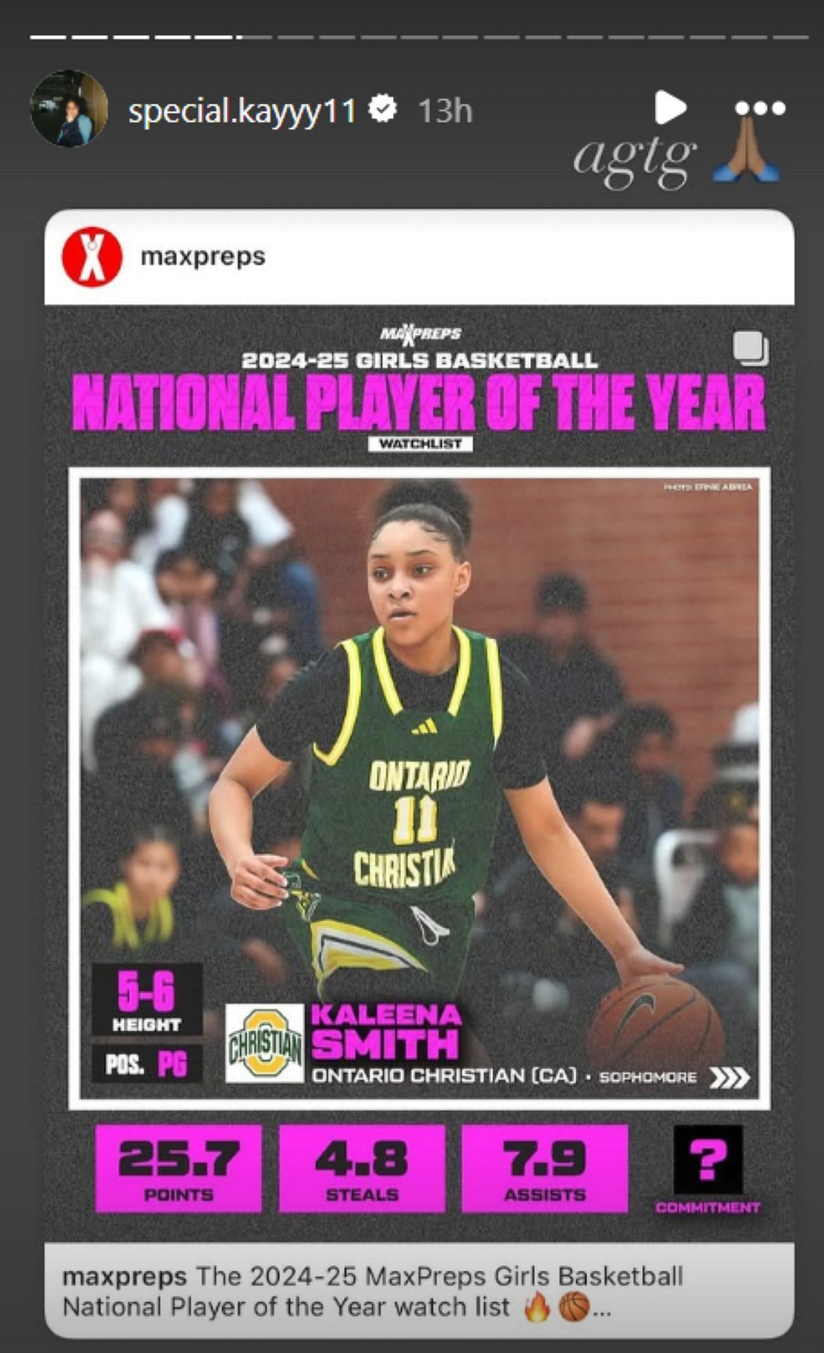 No. 1 ranked sophomore Kaleena Smith shares her reaction to being named to the National POY watchlist ft. Aaliyah Chavez, Sienna Betts (Image: IG/special.kayyy11)