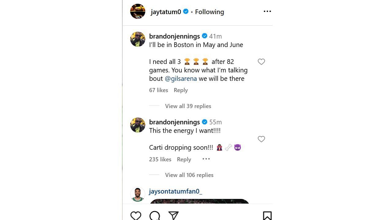 Brandon Jennings&#039; response to Jayson Tatum&#039;s Instagram post. [photo: @jaytatum0/IG]