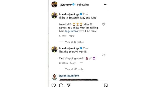 Brandon Jennings' response to Jayson Tatum's Instagram post. [photo: @jaytatum0/IG]