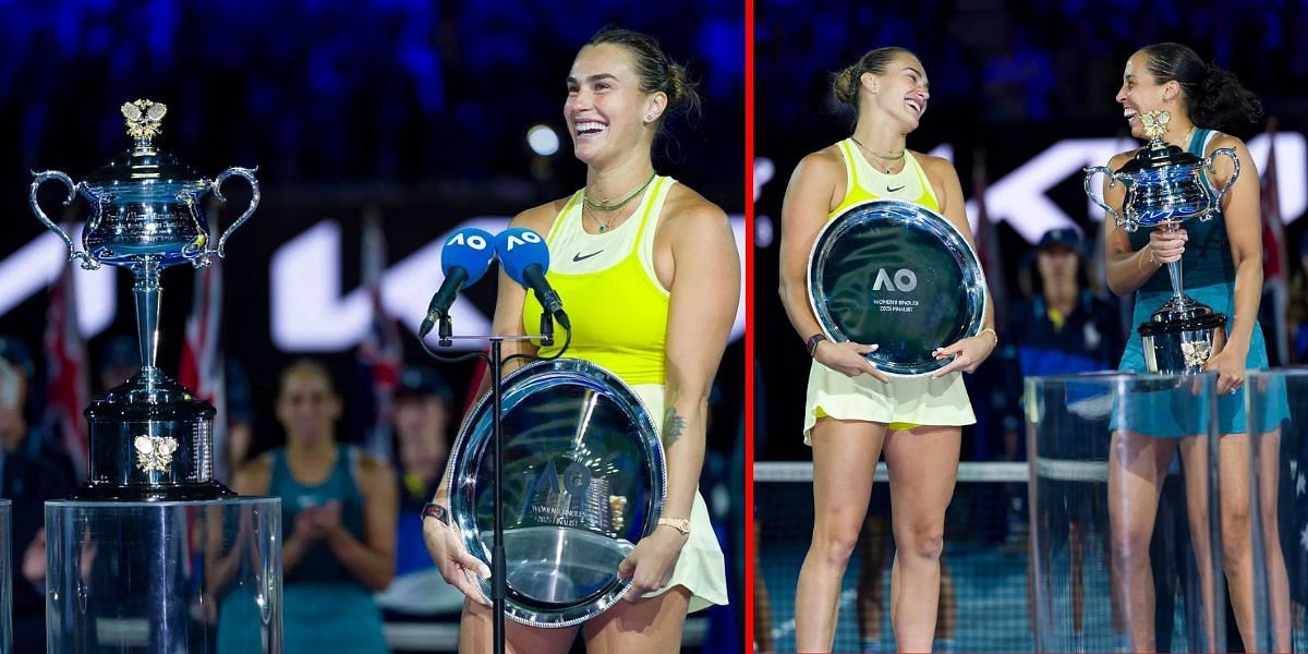 Aryna Sabalenka and Madison Keys with their trophies at the 2025 Australian Open - Source: Getty