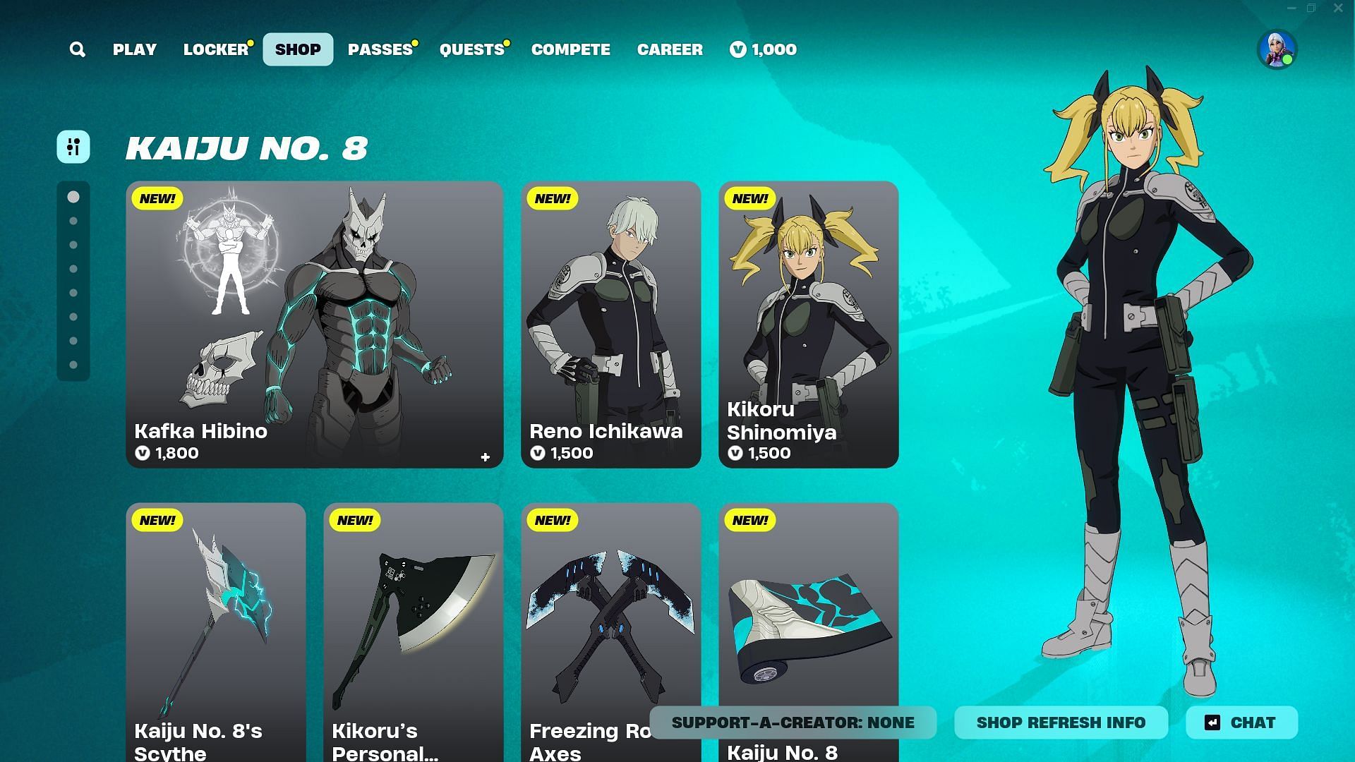 You can purchase the Kafka Hibino, Reno Ichikawa, and Kikoru Shinomiya (Kaiju No.8) skins in Fortnite separately (Image via Epic Games)