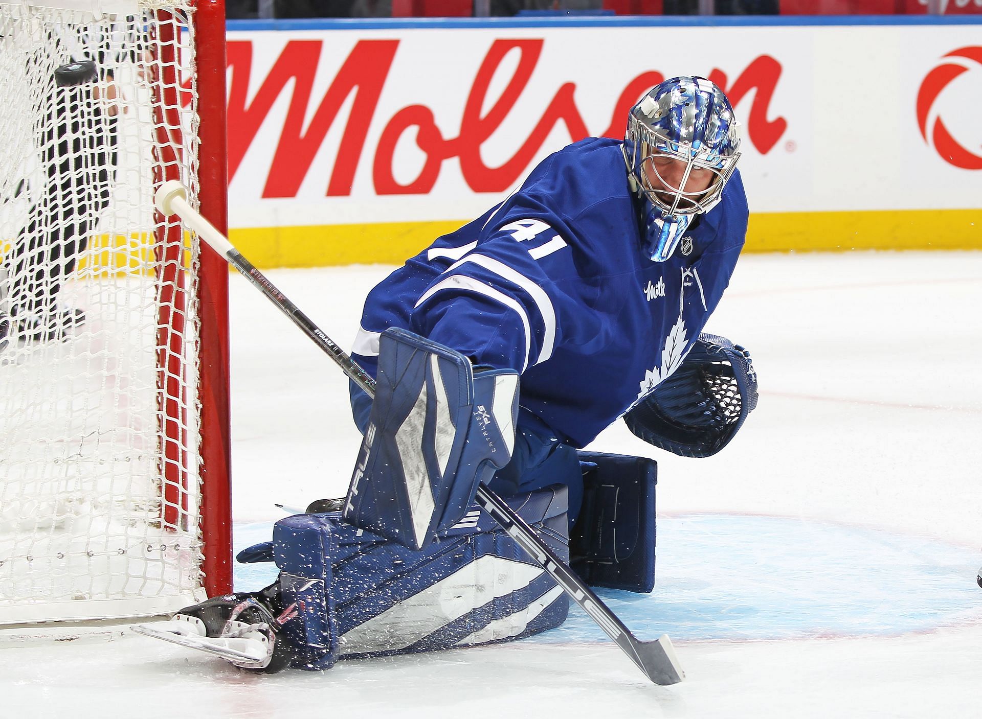 Anthony Stolarz, #41 of the Toronto Maple Leafs, defends a shot during an NHL game. (Credits: Getty)