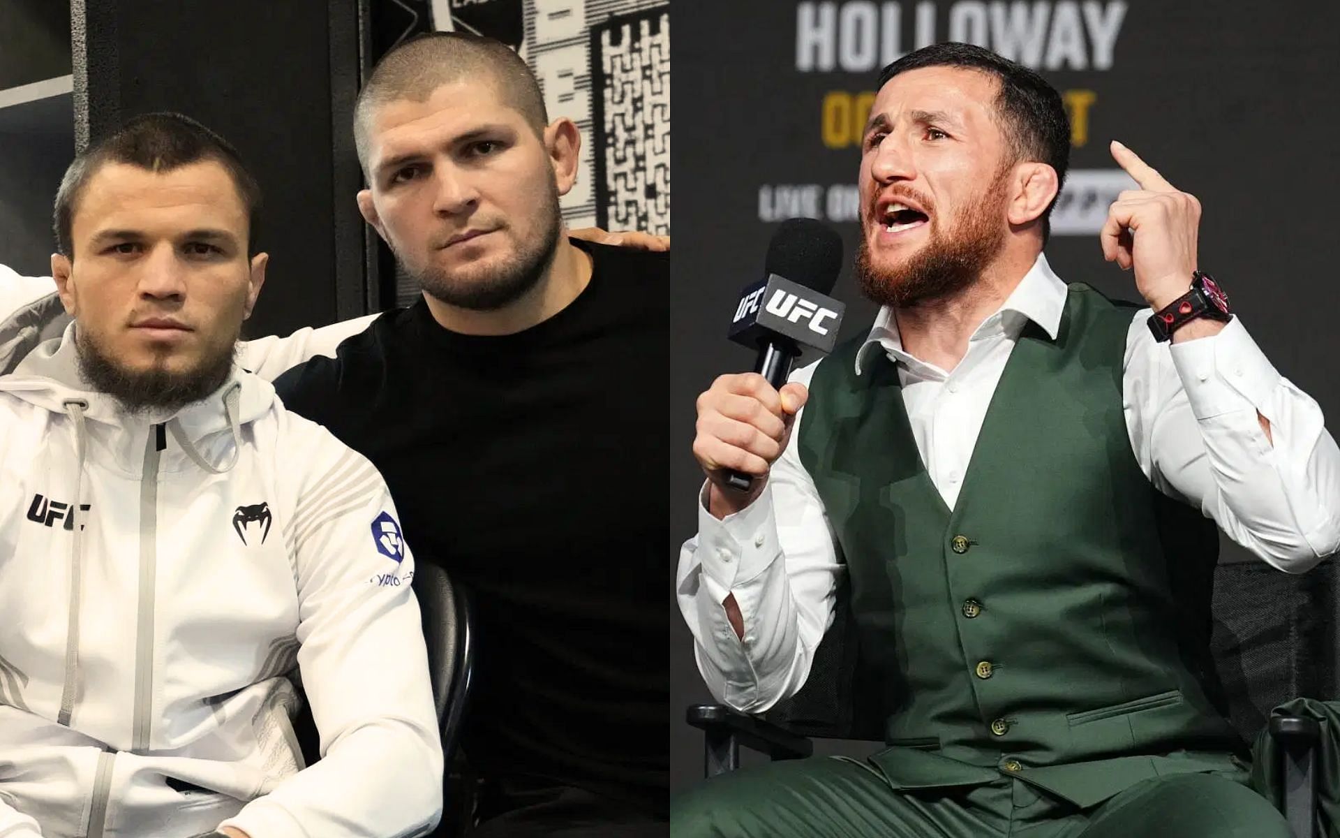 Merab Dvalishvili (right) claims Khabib Nurmagomedov (middle left) is reason why Umar Nurmagomedov (far left) is fighting for title at UFC 311 [Images courtesy: Getty Images]