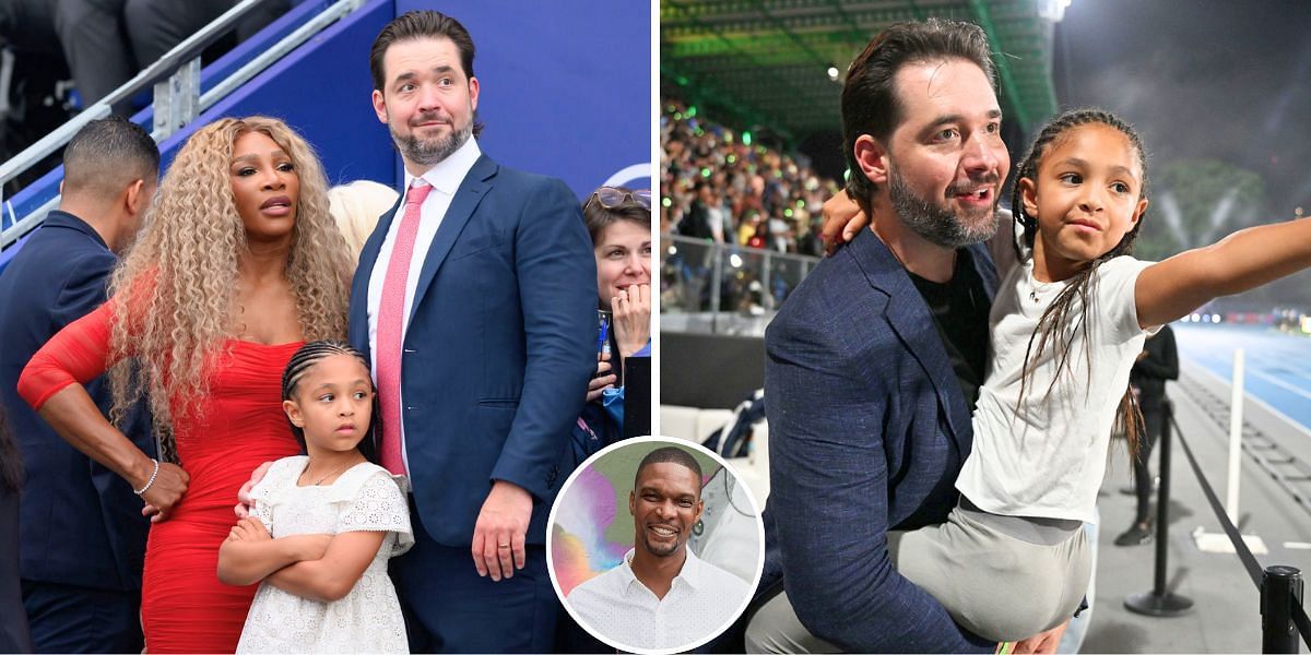 Serena Williams (L) with Alexis Ohanian and Olympia (R) &amp; Chris Bosh (inset) [Image Source: Getty Images]