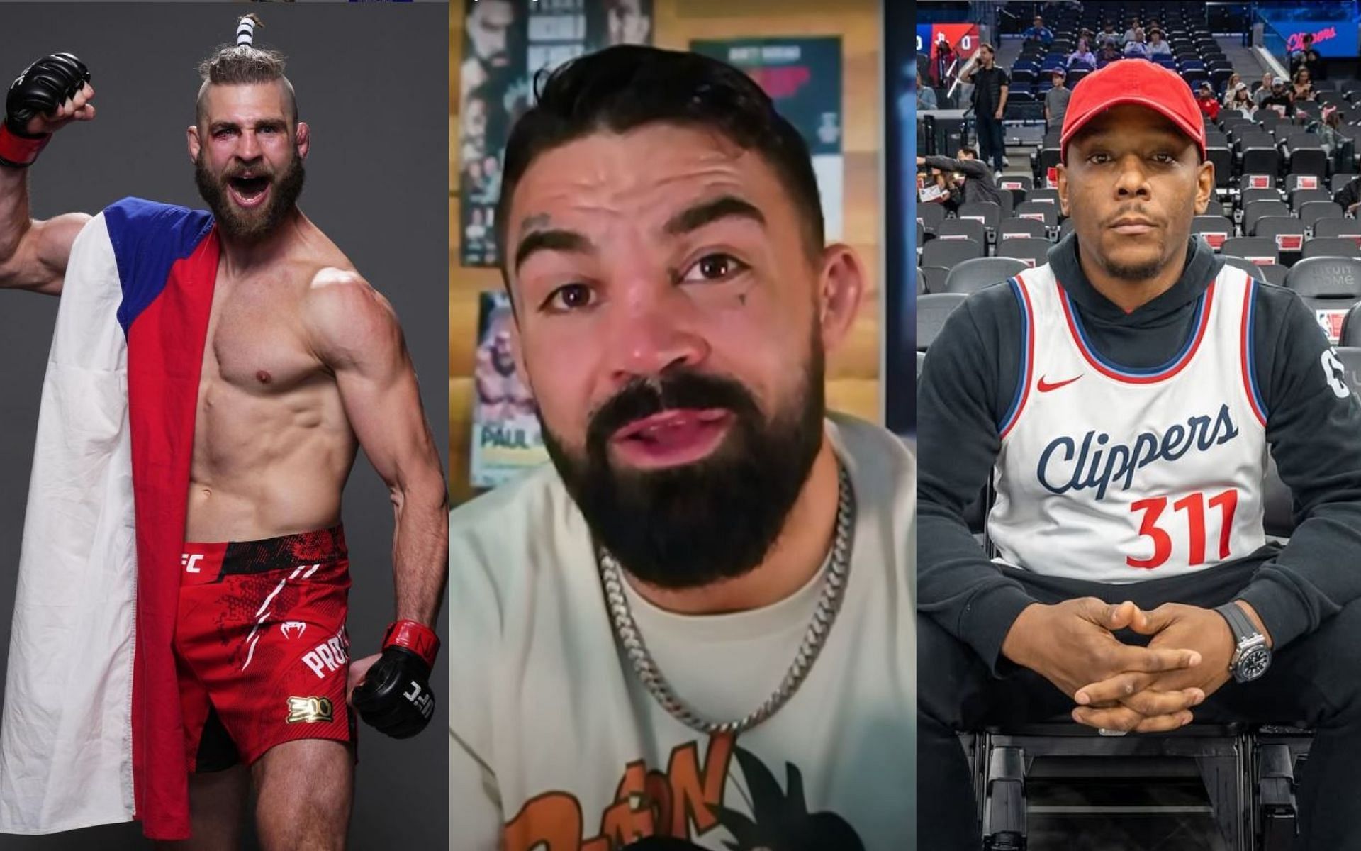 Mike Perry (middle) makes his prediction on the Jiri Prochazka (left) vs Jamahal Hill (right) bout at UFC 311. [Image credit: @jirkaprochazka, @sweet_dreams_jhill on Instagram, Overdogs Podcast on YouTube]