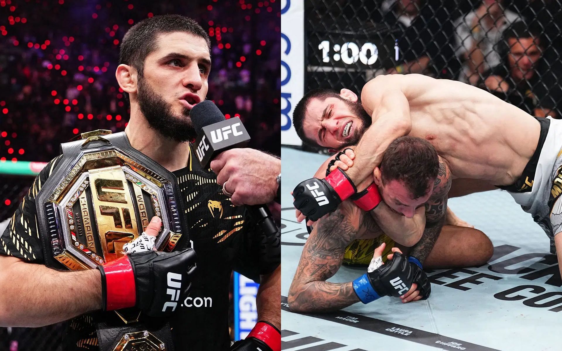 Islam Makhachev (left) hails Sambo better than BJJ while reacting to submission win over Renato Moicano (right) at UFC 311 [Images courtesy: Getty Images]