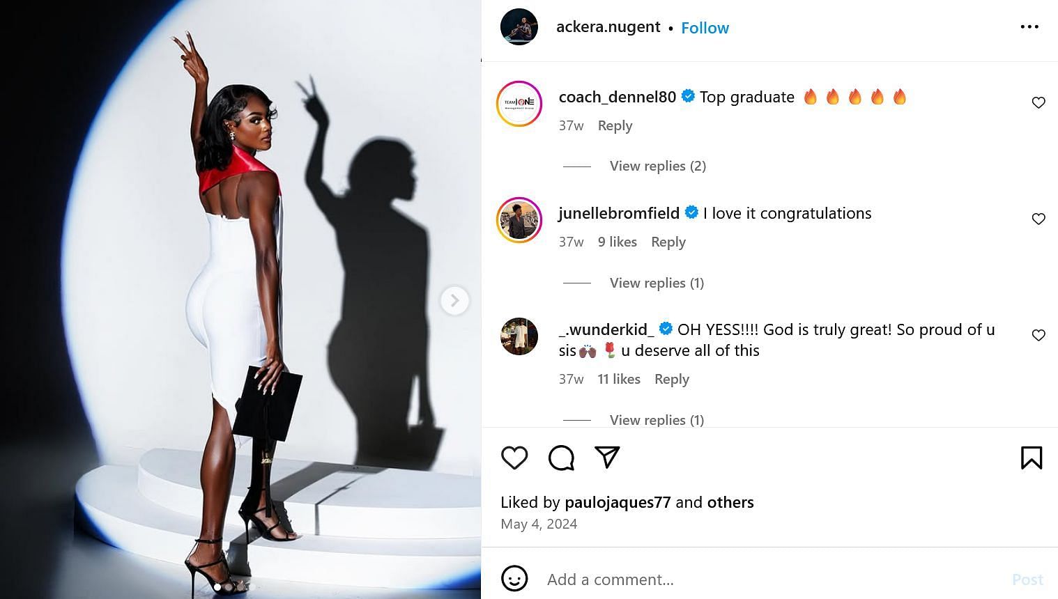 Screenshot of Junelle Bromfield&rsquo;s comment on Ackera Nugent&rsquo;s post. Credits - IG/ @ackera.nugent