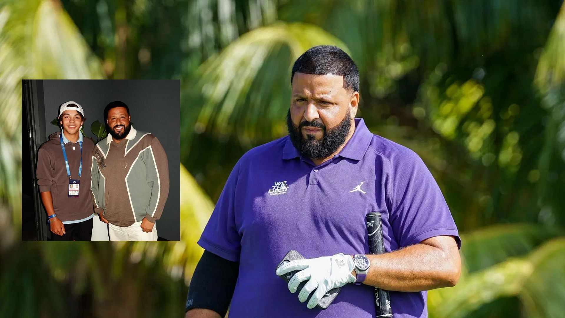  DJ Khaled poses with the Charlie Woods at TGL (Images via Getty and @djkhaled/Instagram)