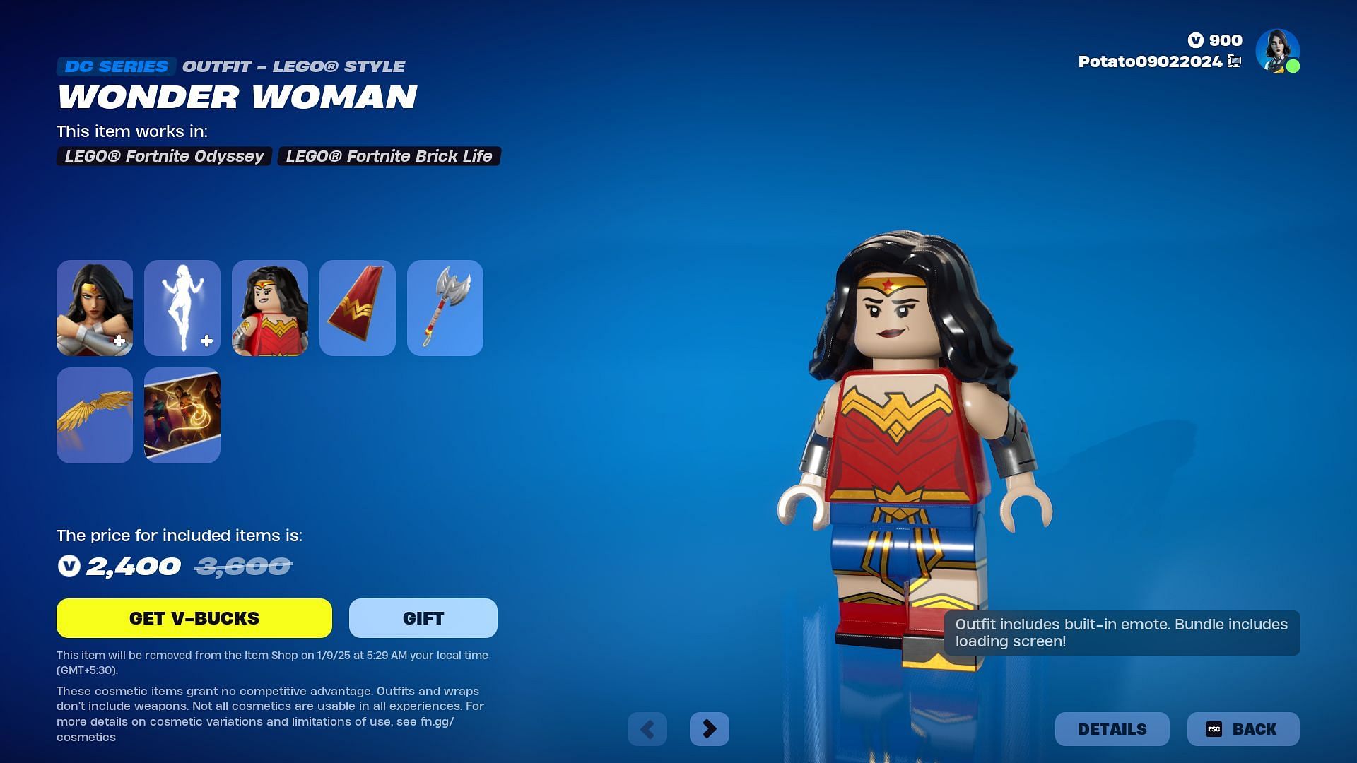 Wonder Woman will be listed in the Fortnite Item Shop until January 9, 2025 (Image via Epic Games)