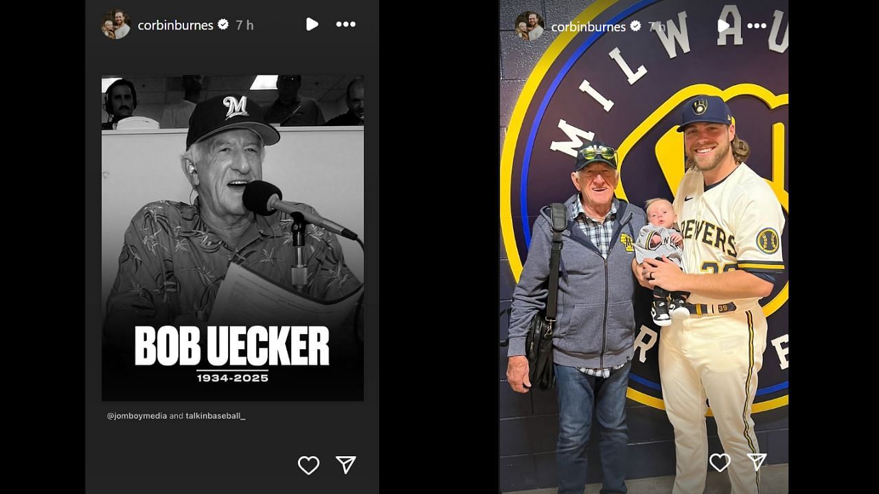 Screenshots of Corbin Burnes&#039; Instagram stories (Images from - Instagram.com/@corbinburnes IG Stories)