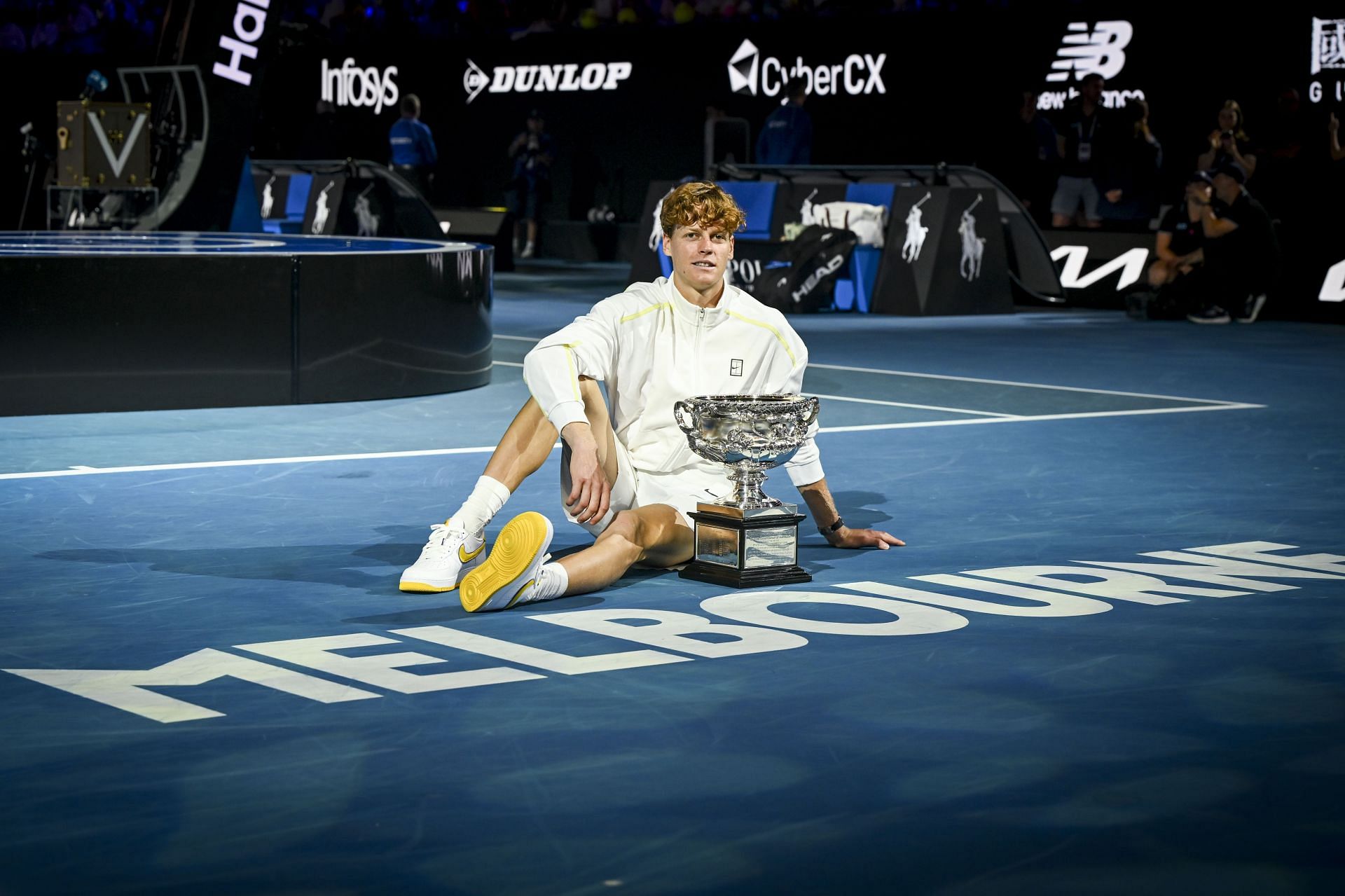 Jannik Sinner posing with the 2025 Australian Open men&#039;s singles trophy. (Source: Getty)