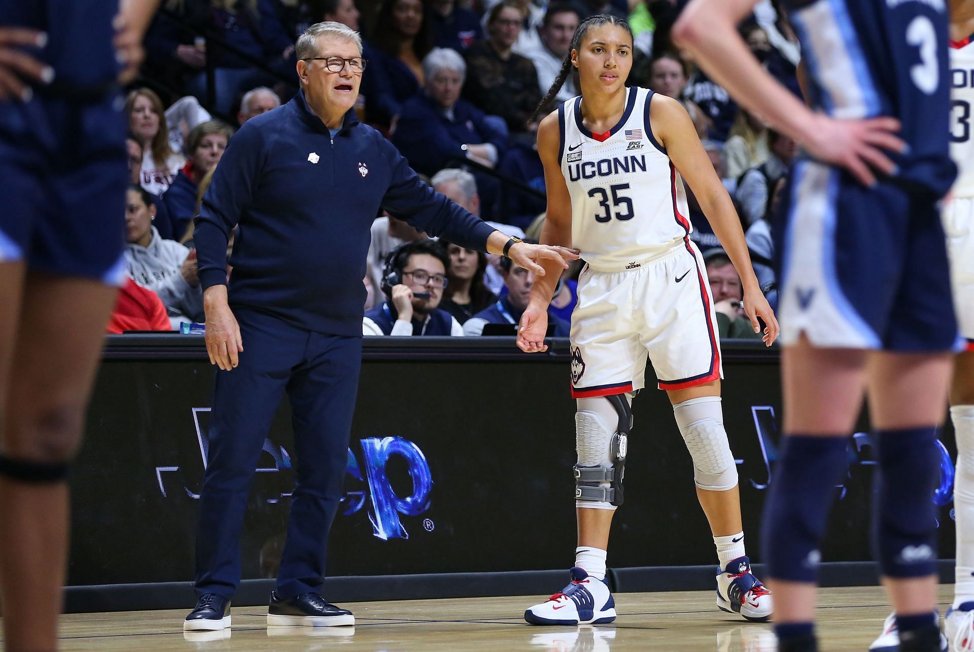 UConn Huskies head coach Geno Auriemma speaks with guard Azzi Fudd (#35) during their Big East Women&#039;s Basketball Tournament championship game against the Villanova Wildcats on March 6, 2023, at Mohegan Sun Arena. Photo: Getty