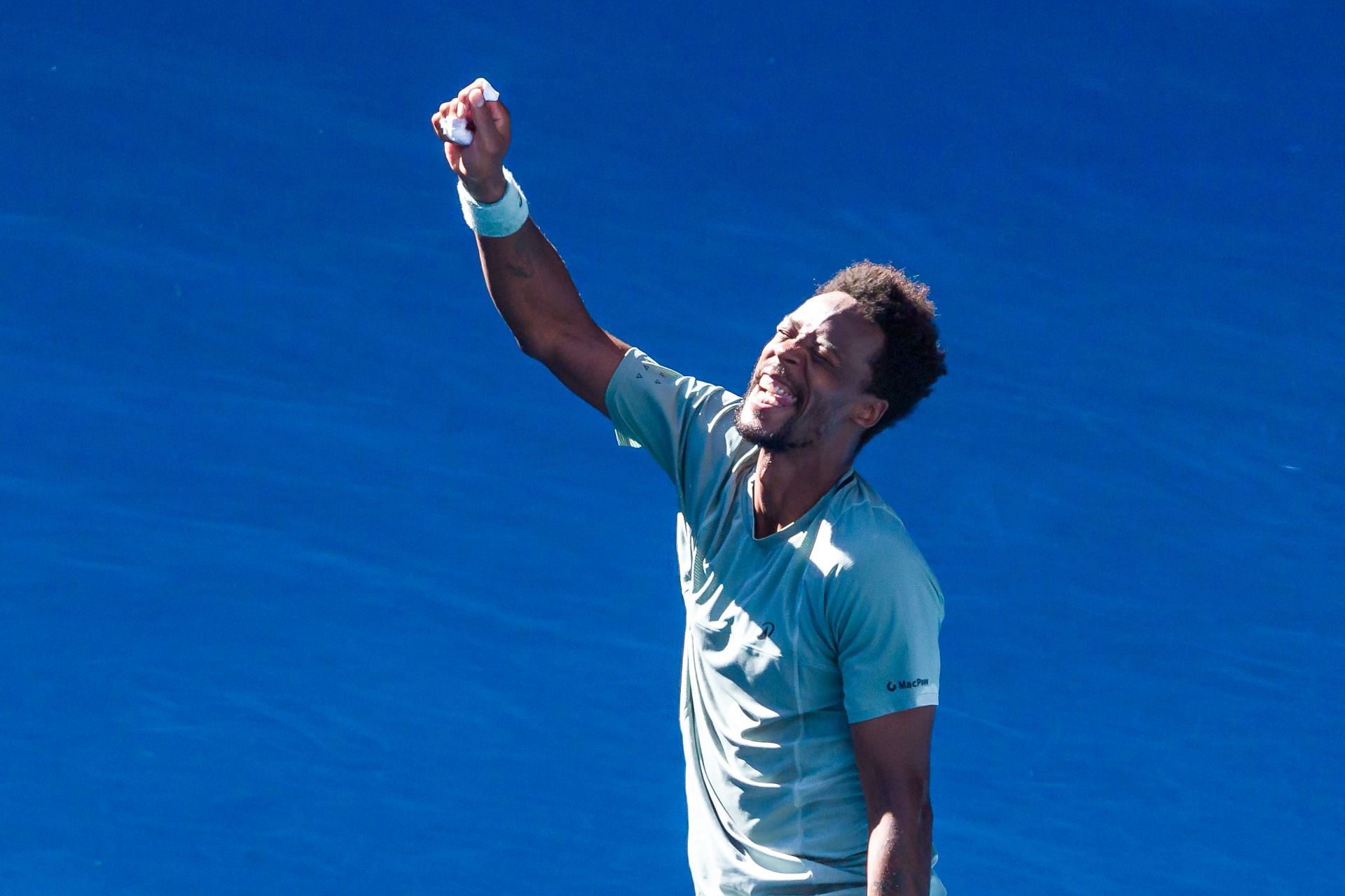 Gael Monfils of France celebrates beating Taylor Fritz at the 2025 Australian Open. Source: Getty