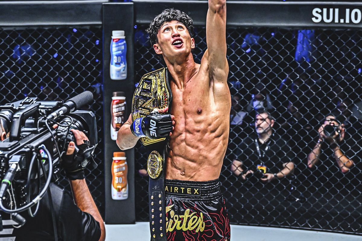 Nabil Anane celebrates winning the ONE interim bantamweight Muay Thai world championship at ONE 170. [Photo via: ONE Championship]