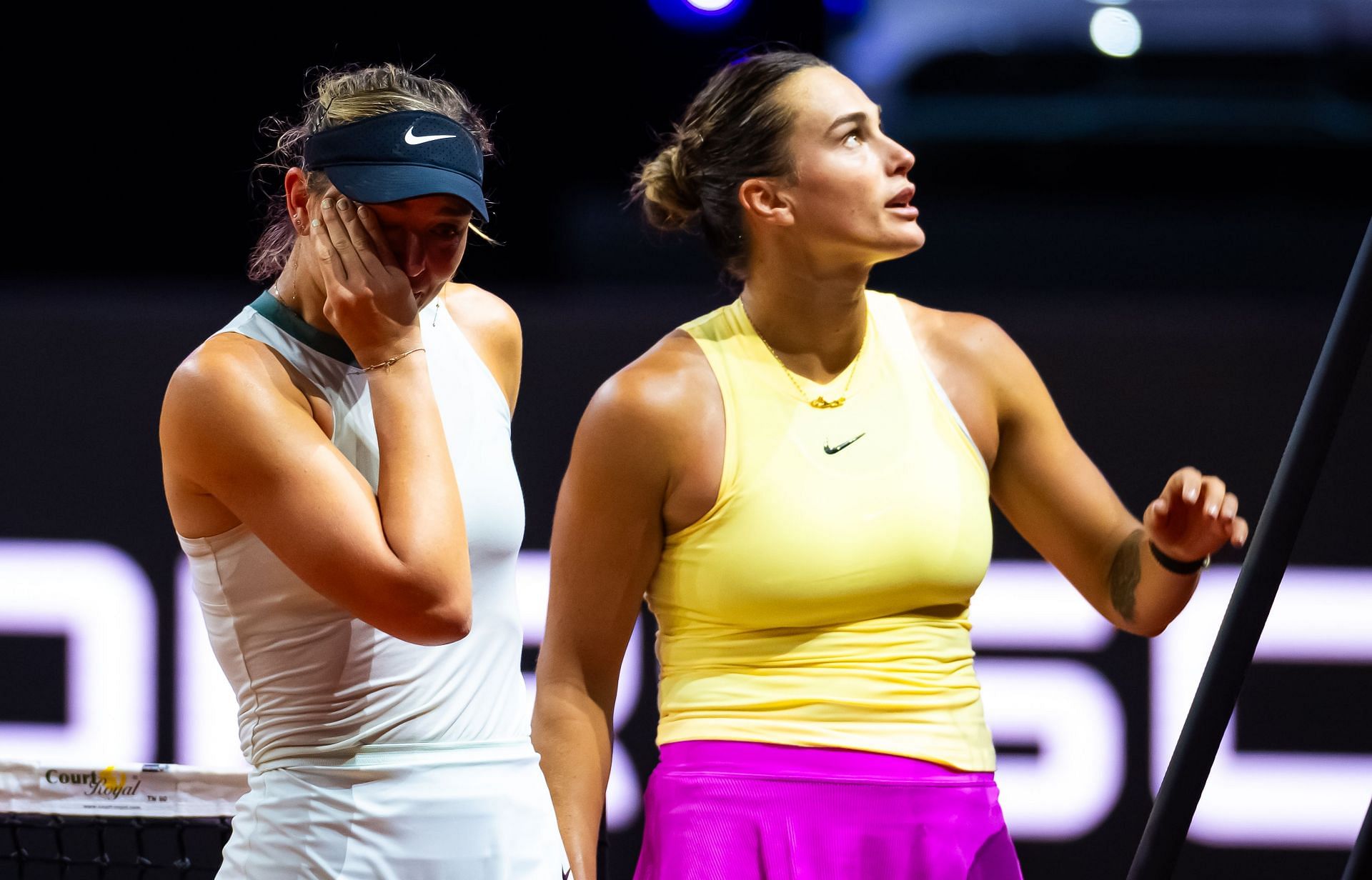 Paula Badosa (L) with Aryna Sabalenka (R) at Porsche Tennis GP Stuttgart 2024 - Source: Getty