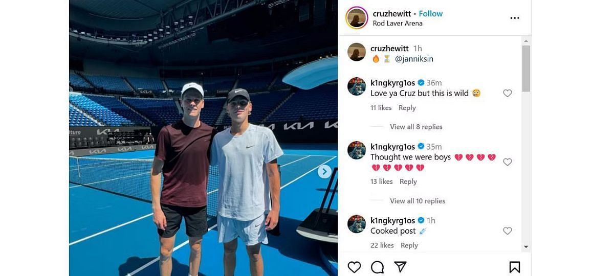 Nick Kyrgios&#039; comments on Cruz Hewitt&#039;s post with Jannik Sinner | Instagram @cruzhewitt