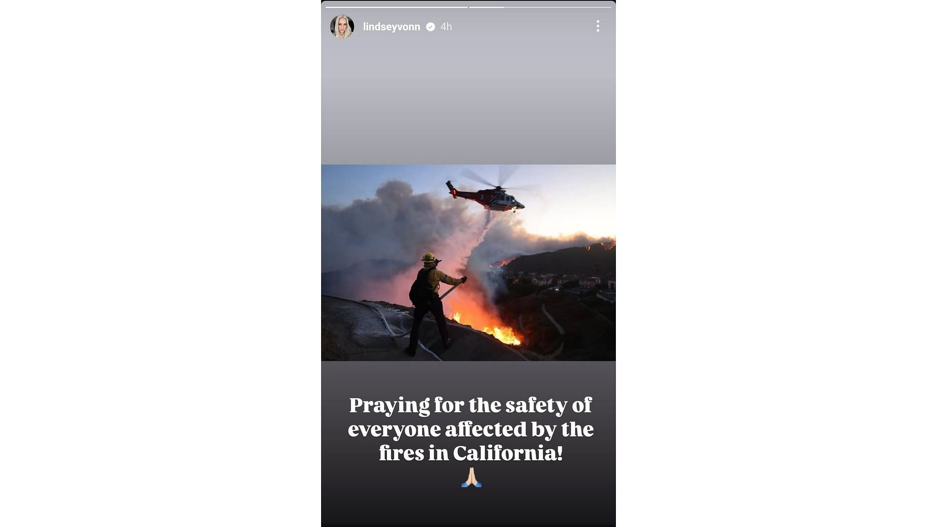 Screenshot of Vonn&#039;s Instagram story feat her reaction to the California fires (Image via: Vonn&#039;s Instagram)