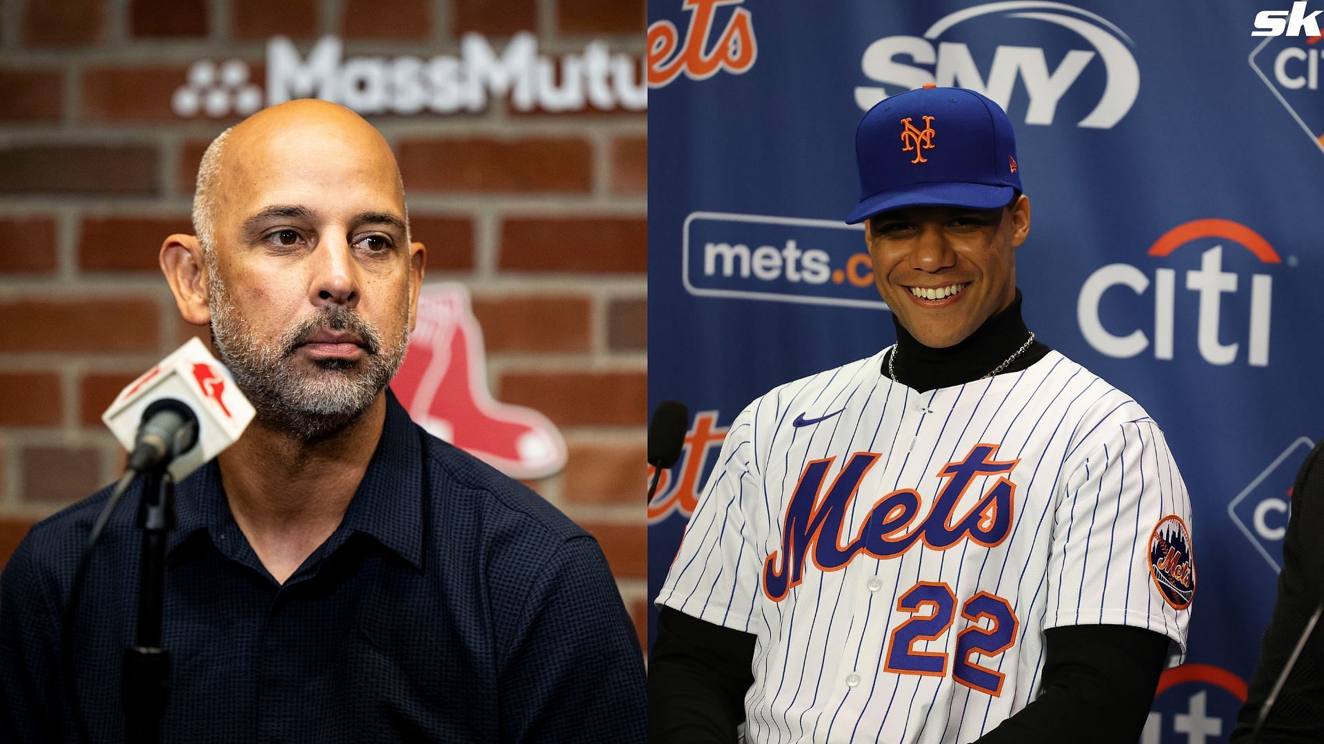 Juan Soto of the New York Mets sits at the dias during his introductory press conference at Citi Field (Source: Getty)