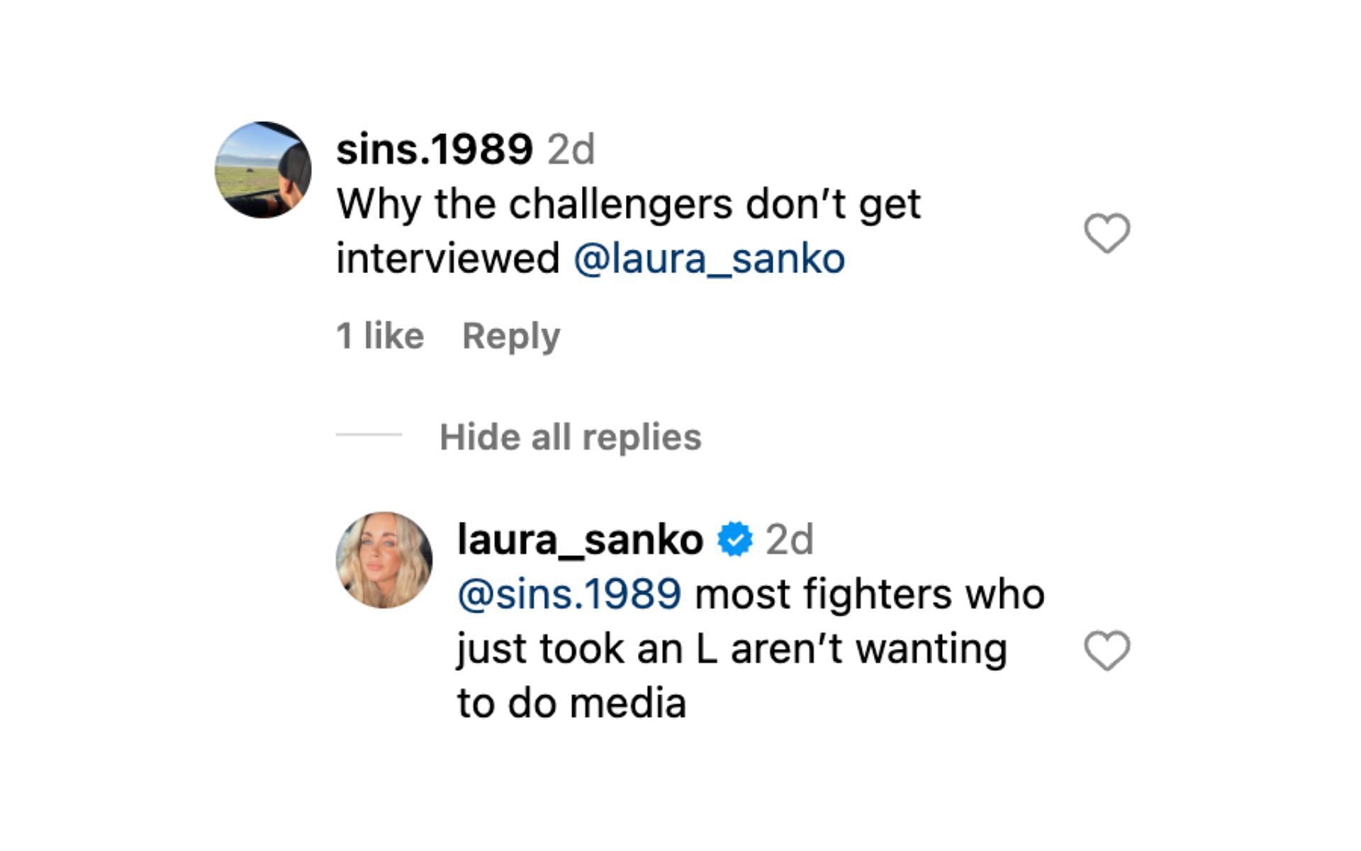 Screenshot of Laura Sanko&#039;s reply. [Screenshot courtesy: @laura_sanko on Instagram]