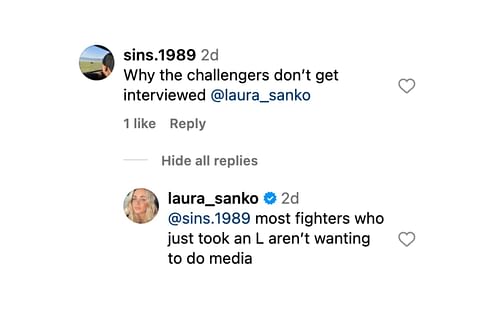 Screenshot of Laura Sanko's reply. [Screenshot courtesy: @laura_sanko on Instagram]