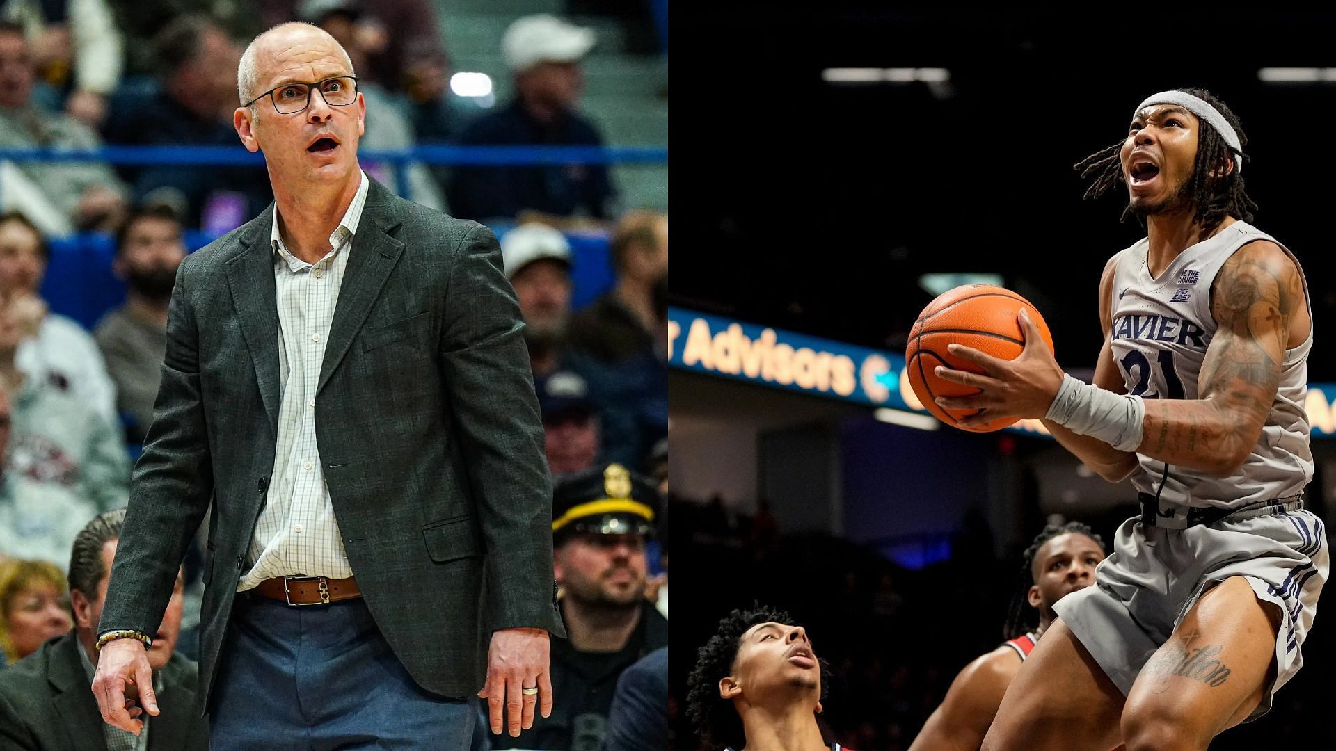 UConn coach Dan Hurley, Xavier guard Dante Maddox Jr.