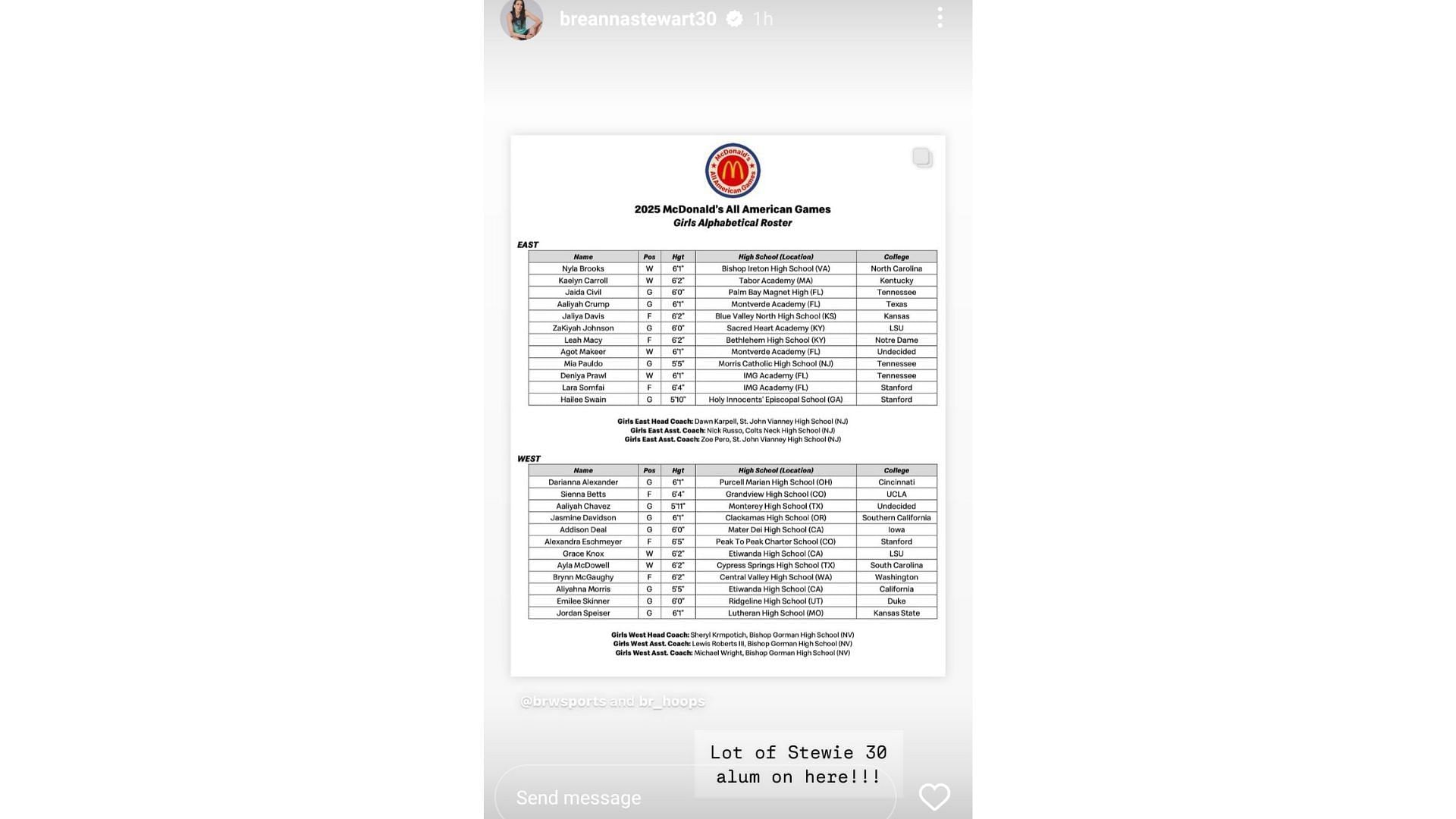 Breanna Stewart shared the list of players who made it to the 2025 McDonald&#039;s All-American Games, some of whom were Stewie 30 alum, on her Instagram story. Source: Instagram/@breannastewart30